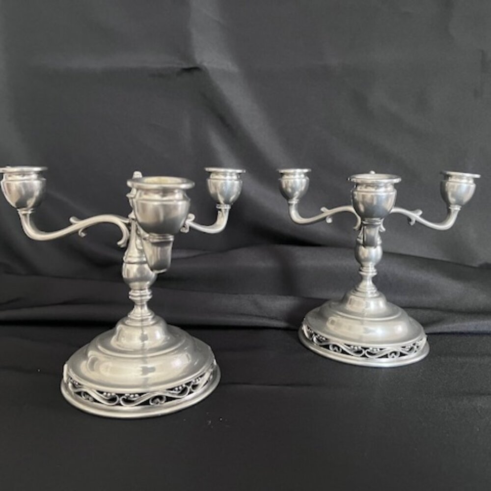 Pair of Vintage Shirley Colonial Williamsburg Pewter 3 Arm Candlestick Holders